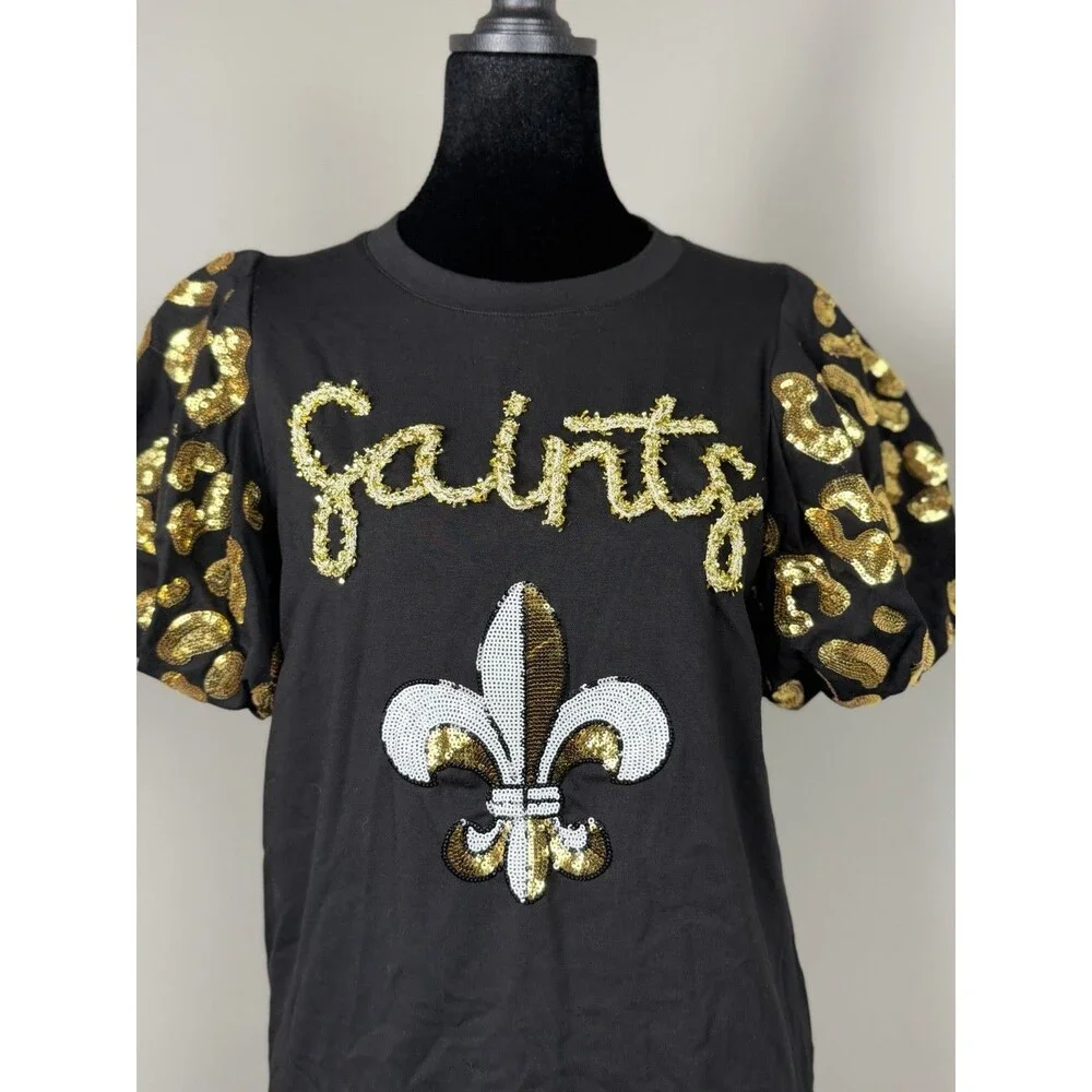 Sash Clothing Bar Saints Sequin Fleur De Lis Top XS Black Gold Puff Sleeve